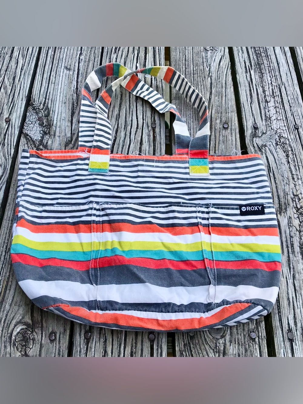 ROXY Colorful Stripe Cotton Purse Handbag Beach Bag Lots Of Pockets Bag